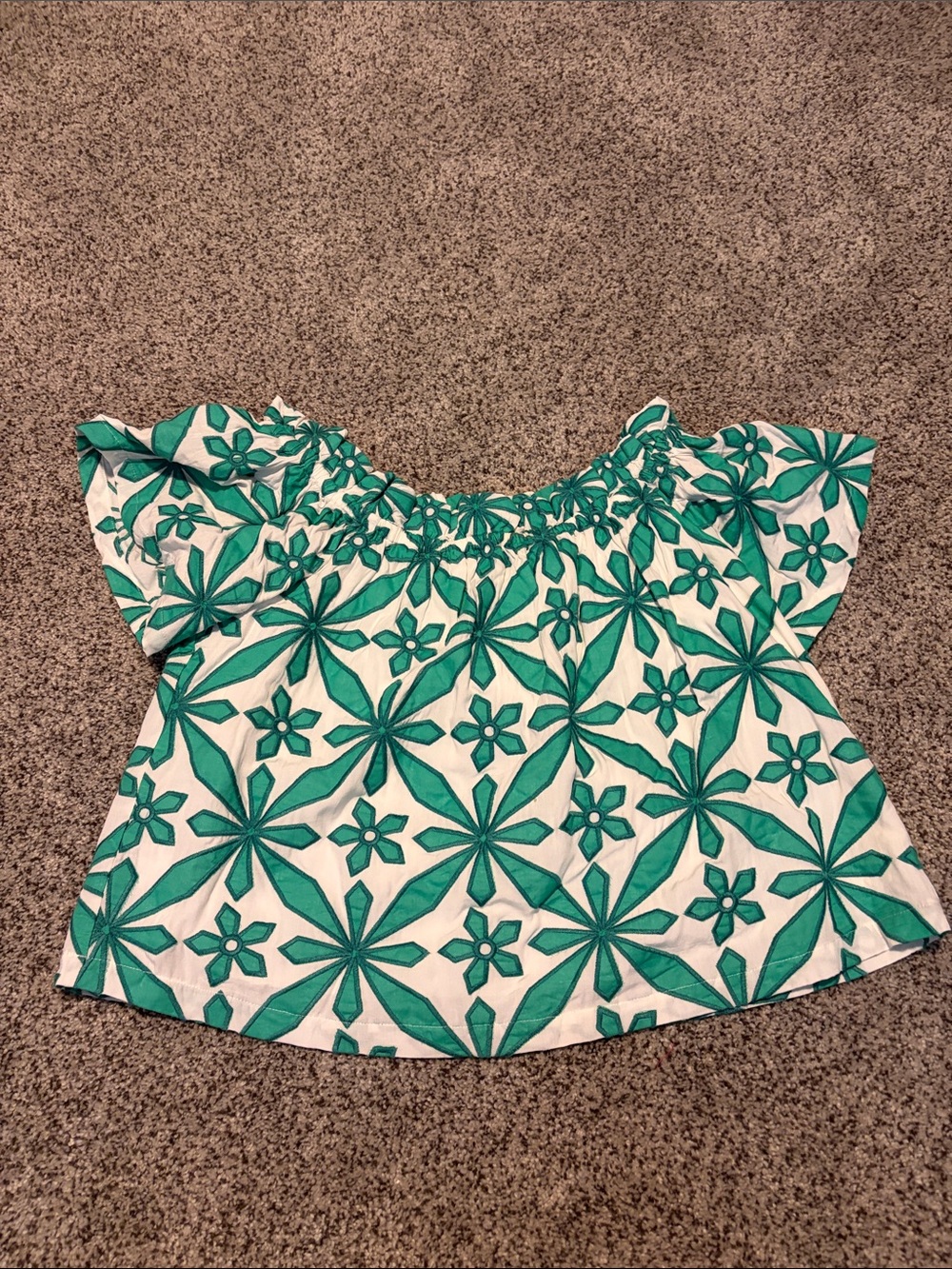 Skies Are Blue White Top with Teal Floral Embroidery